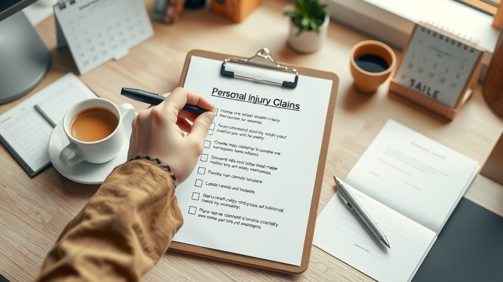 Sensible checklist for handling a personal injury claim with key steps checked off, on a tidy Tacoma desk