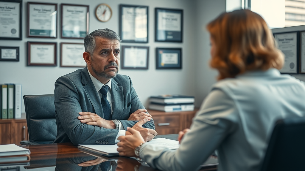 personal injury lawsuit - Worried injured person consulting with a serious personal injury lawyer in a Tacoma office, natural posture, high realism, modern setting