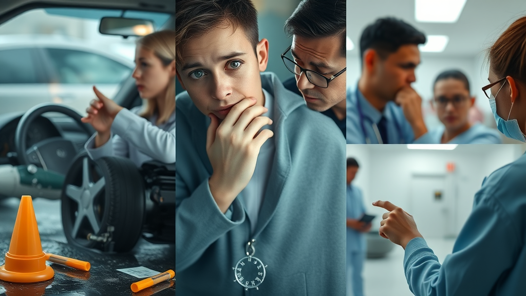 personal injury law scenarios - Collage of injury cases including car accident, slip and fall, and medical incident, realistic style, Tacoma, natural expressions