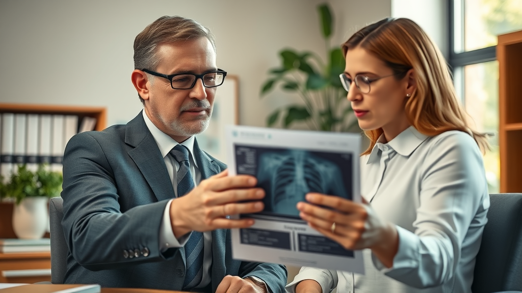 personal injury attorney - Sympathetic lawyer and injured client reviewing medical documents for pain and suffering compensation, warm tones, legal books