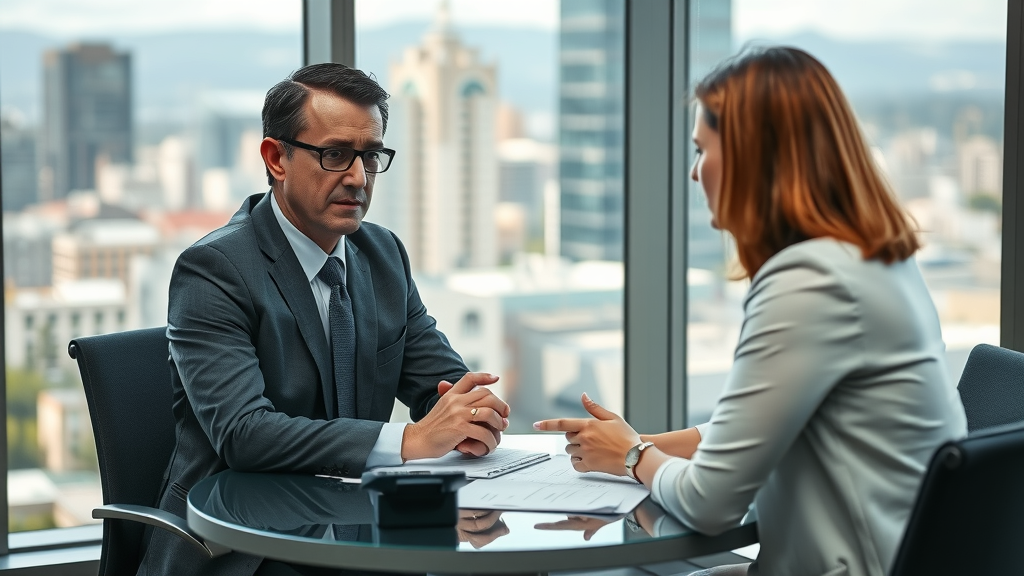 negotiating injury claim - Confident Tacoma attorney negotiating settlement with insurance company; city view, realistic details, daylight