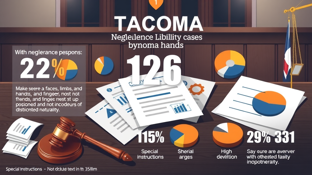 Impactful infographic illustration showing key statistics about negligence and liability cases in Tacoma courtroom - modern, photorealistic with legal documents and pie charts