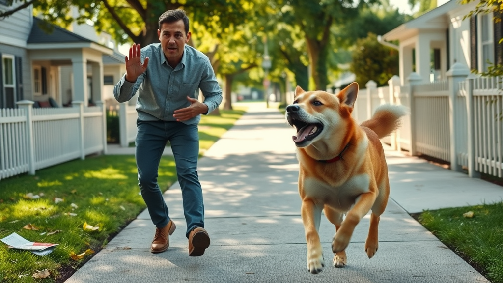 Dog bite liability case in Tacoma showing startled victim and lunging dog on suburban sidewalk