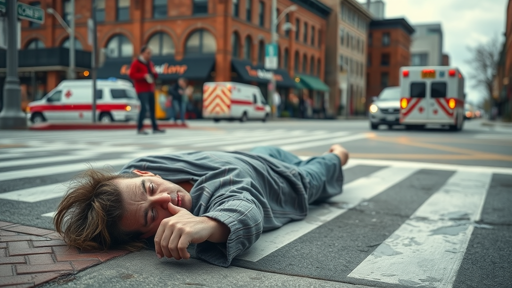 Tacoma personal injury case example—a shocked pedestrian injured at a busy city crosswalk with bystanders and emergency vehicles