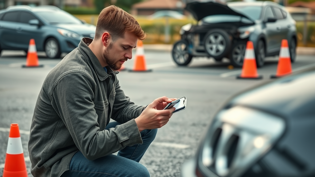 Tacoma resident documenting car accident scene for injury claim with smartphone in parking lot