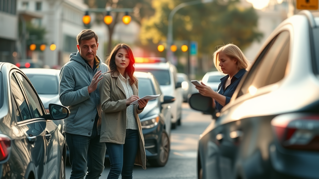 Vivid urban accident scene with concerned adults beside slightly damaged cars exchanging information, accident claim process visual