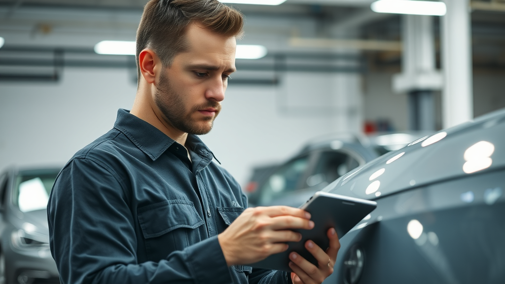 Professional insurance adjuster reviewing a damaged vehicle, documenting the accident claim process in a repair shop environment