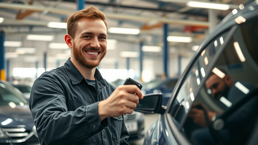 Friendly auto repair scene with mechanic handing car keys to customer in a Tacoma repair shop, highlighting the car repair step in the accident claim process