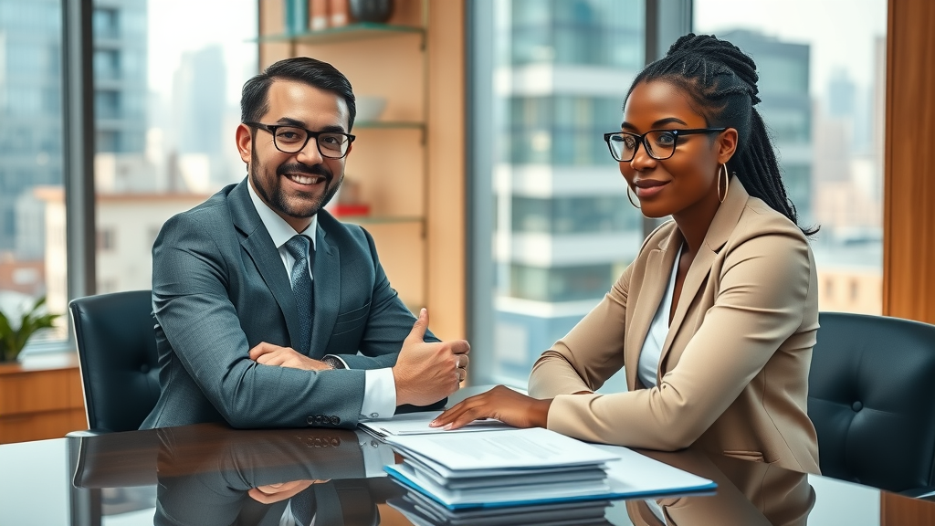 Professional personal injury attorney consulting with a diverse client in a modern Tacoma law office, discussing injury law and compensation strategies