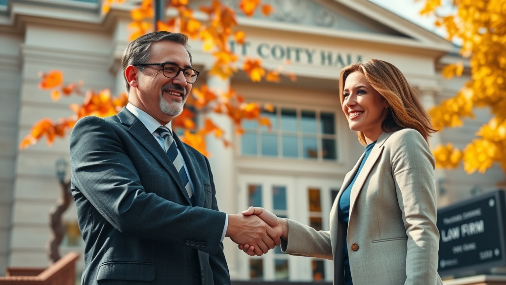 Relieved client shaking hands with personal injury attorney in front of Tacoma courthouse after winning their injury case
