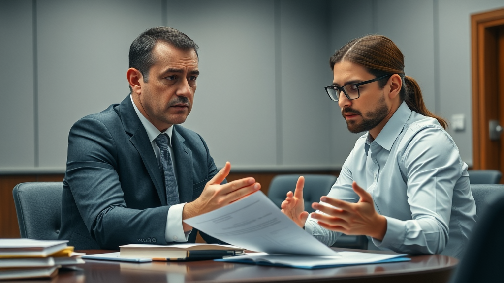 Professional courtroom scenario, personal injury attorney consulting with injured client, damages in injury claims, legal files, photorealistic, neutral blue-gray palette, modern law office, no disfigured faces or hands