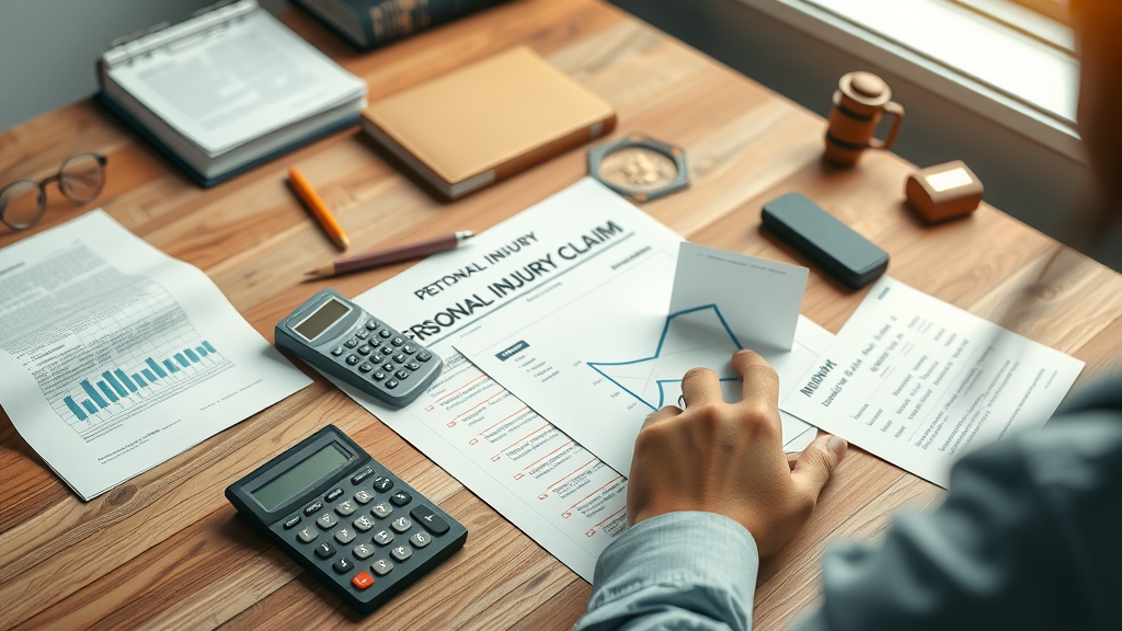 Infographic of personal injury claim, damages in injury claims types, legal documents, calculator, photorealistic, wooden desk with law books, hand arranging papers, muted greens and browns, no disfigured hands or faces