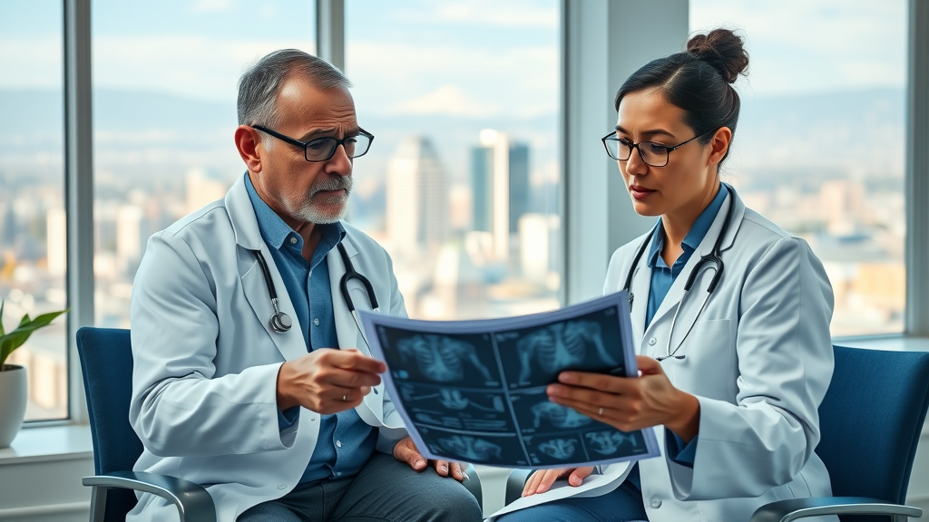 Doctor consulting a patient about injury claims, authentic Tacoma, reviewing medical records, discussing damages in injury claims with city view, photorealistic, bright clinic, by Sigma 35mm lens, no disfigured faces or hands