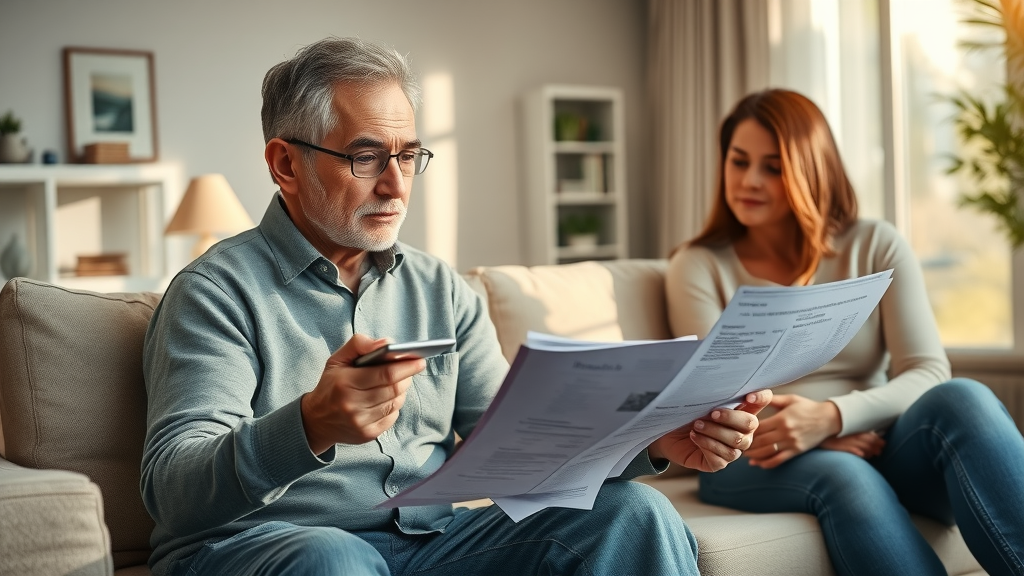 Compassionate family supporting person managing medical bills, damages in injury claims, modern living room, scattered documents, warm natural palette, photorealistic, Sony FE 85mm lens, no disfigured hands or faces