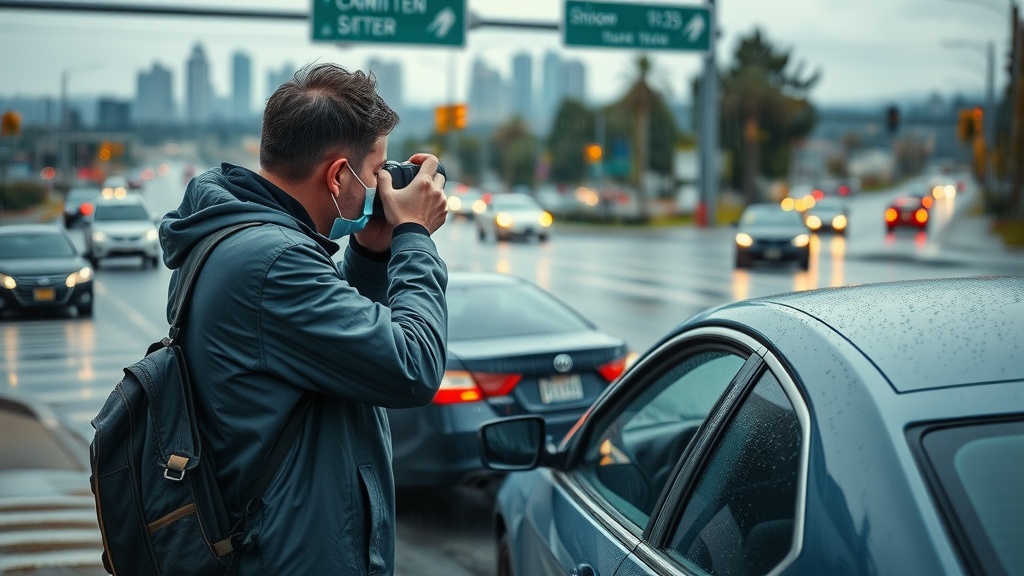 Individual documenting injury damage at accident site, damages in injury claims, Tacoma skyline, light rain, photorealistic, detailed wet textures, Fujifilm XF 23mm lens, no disfigured hands or faces