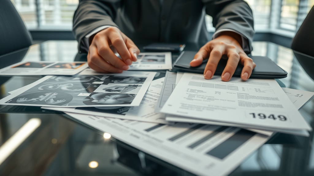 Hands organizing legal evidence, personal injury claim, damages in injury claims documents, polished table, close-up, photorealistic, gray and brown palette, Nikon Z 50mm lens, no disfigured hands or faces
