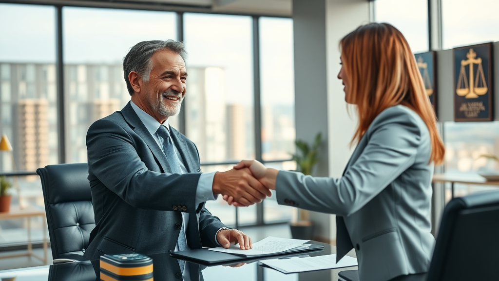 Tacoma attorney shaking hands with client, empowering legal advice, damages in injury claims, modern office, city view, legal awards, photorealistic, Leica 35mm lens, no disfigured hands or faces