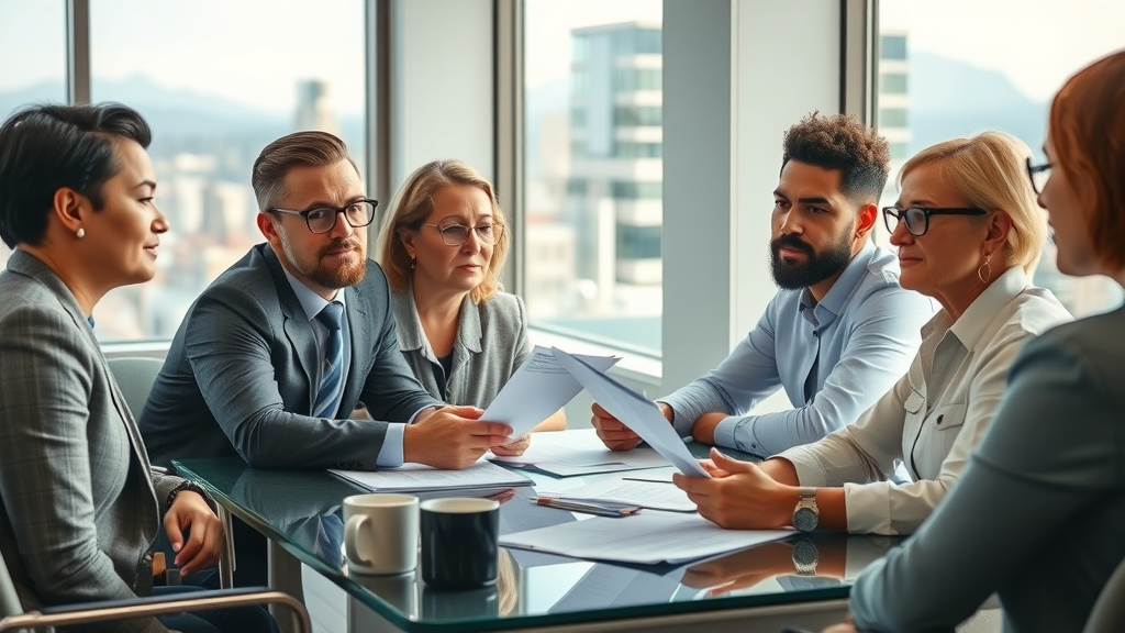 Candid law office discussion—focused expressions, a diverse group of Tacoma residents and an attorney sitting at a modern desk reviewing settlement negotiation documents, photorealistic, Tacoma cityscape in background