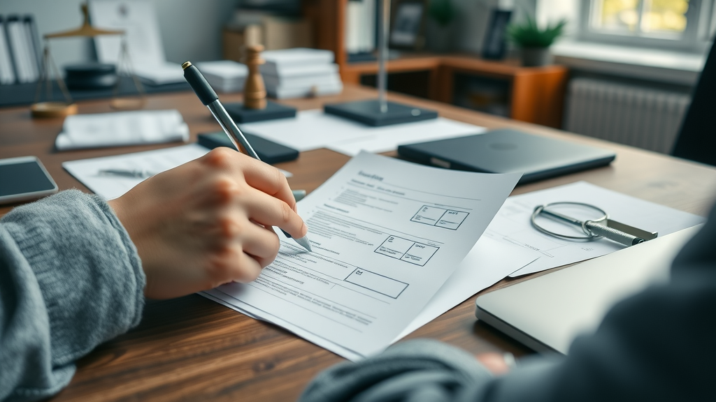 Detailed settlement negotiation checklist on a legal desk—confident, calm hands organizing settlement offer papers, photorealistic, tidy legal workspace
