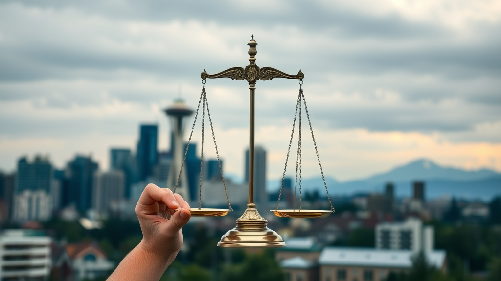 Tacoma skyline with legal balance—hands holding a balanced scale in a settlement negotiation context, photorealistic, cityscape background