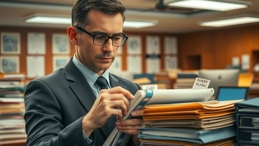 Organized evidence files—person flipping through labeled folders for settlement negotiation in law office, photorealistic