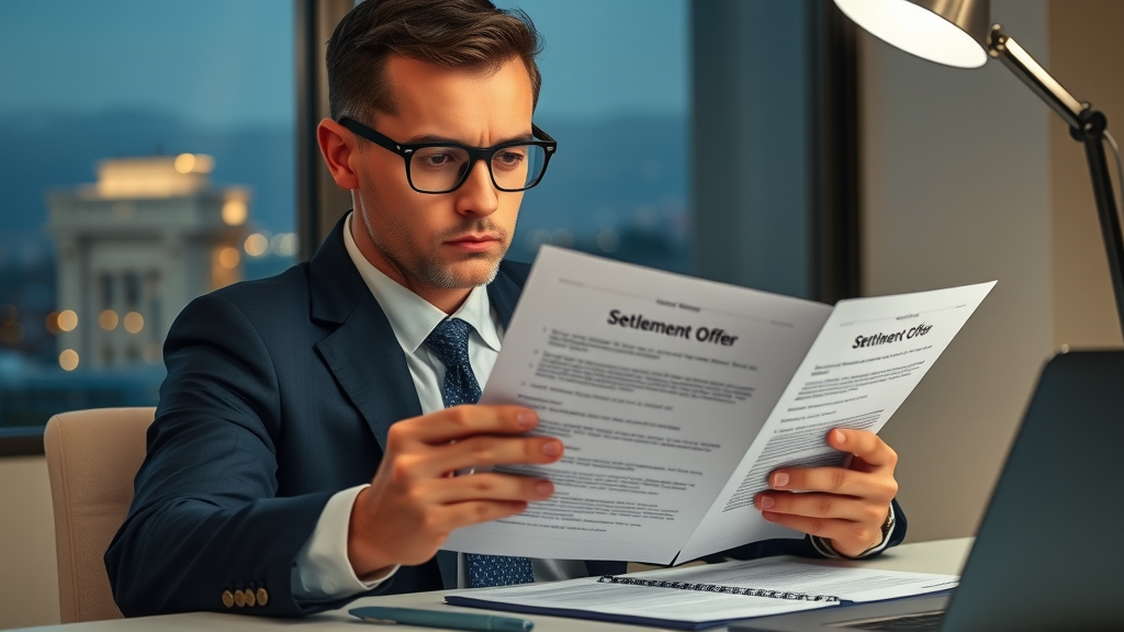 Deliberate reading of a settlement offer—business professional reviewing highlighted settlement agreement in Tacoma, photorealistic