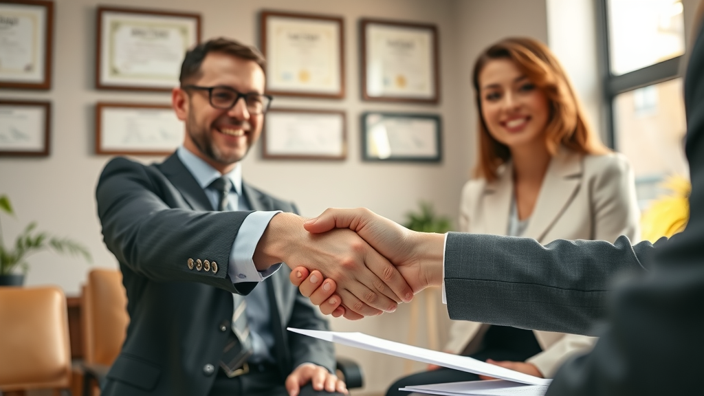 Client and attorney shaking hands after reaching a settlement agreement in Tacoma, photorealistic, handshake, signed documents visible