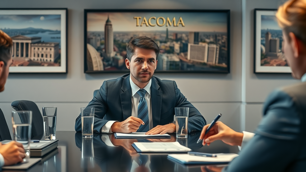 Attorney deep in negotiation—confident posture, negotiation table, legal pads and Tacoma artwork in view, photorealistic attorney settlement negotiation setting