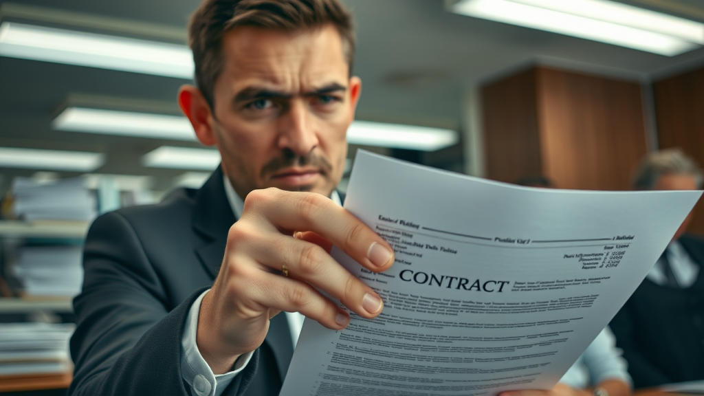 Persuasive mistake moment—anxious person hesitating over a settlement contract in Tacoma office, photorealistic