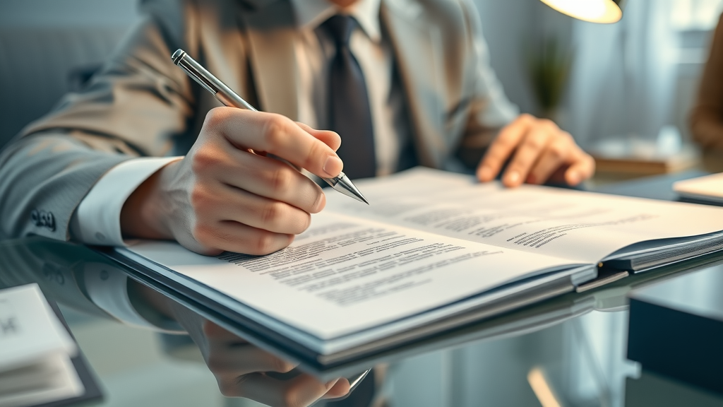 Official contract review—lawyer examining a settlement agreement for Tacoma personal injury, photorealistic legal document close-up