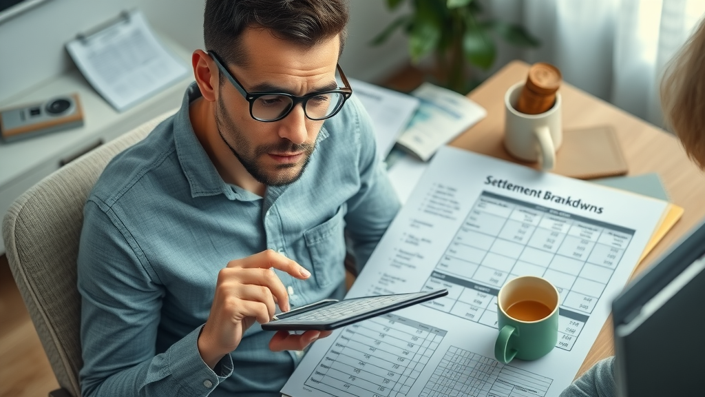 Settlement calculation—person using calculator to estimate net recovery from Tacoma settlement negotiation, photorealistic