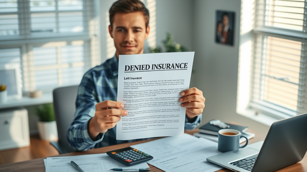 insurance claims for injury denial scene with person holding denied letter, medical paperwork, and calculator in a modern home office; documents and laptop emphasizing injury claims complexity