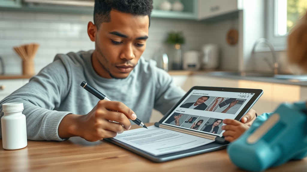 injured person completing insurance claim for injury at kitchen table with medical documentation and prescription bottles, showing attention to detail and evidence gathering