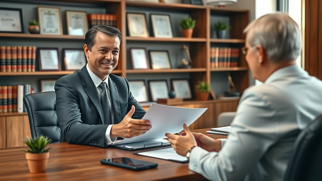 personal injury attorney consulting a client about insurance claims for injury, law office with case files and legal certificates, showing professional guidance