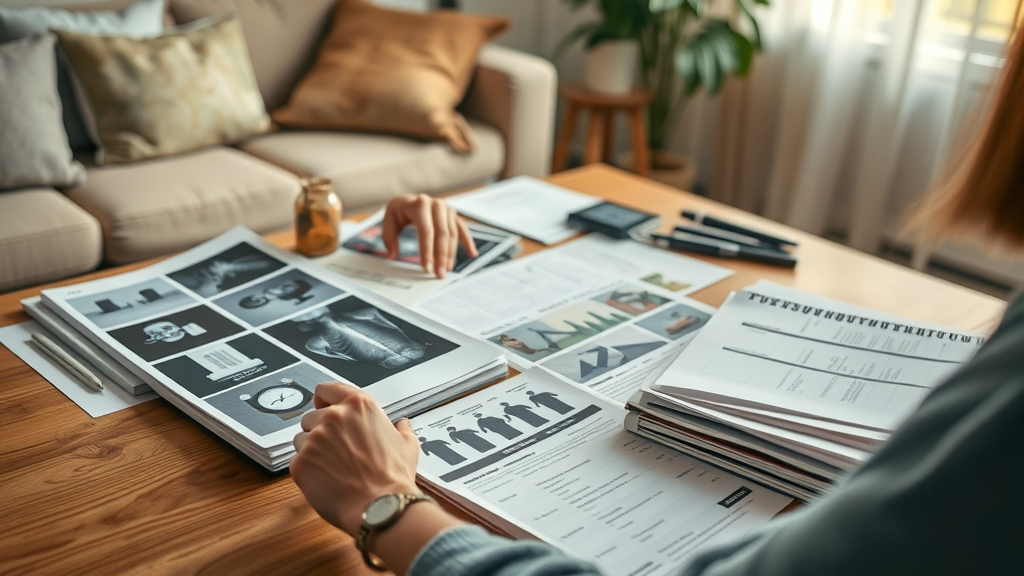 person sorting accident photos, x-rays, and bills for insurance claims for injury at home, focus on preparation and documentation for a successful claim