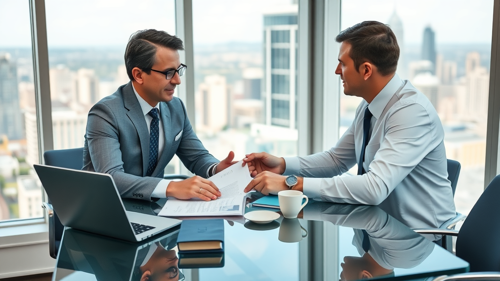 insurance adjuster and client discussing insurance claims for injury at a meeting table with Tacoma city view, representing negotiation and legal support