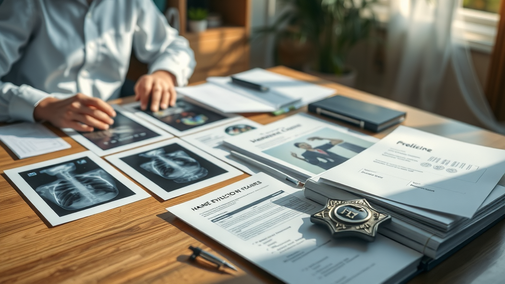 insurance claims for injury evidence layout, showing photos, x-rays, police badge and medical forms on desk in home office, capturing claim documentation needs