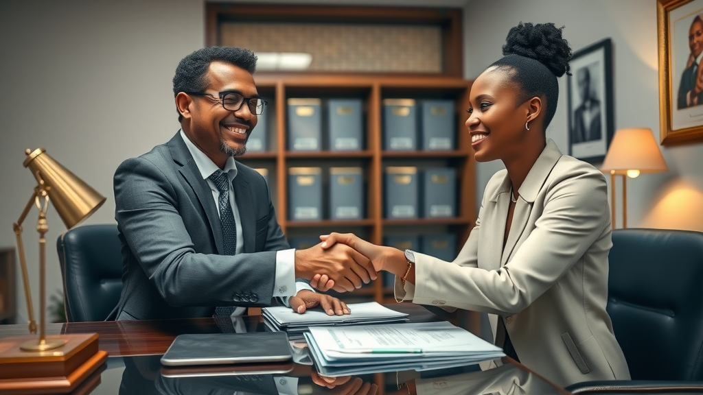 client and attorney shake hands over an insurance claim settlement check, celebrating a successful personal injury claim outcome in a Tacoma law office