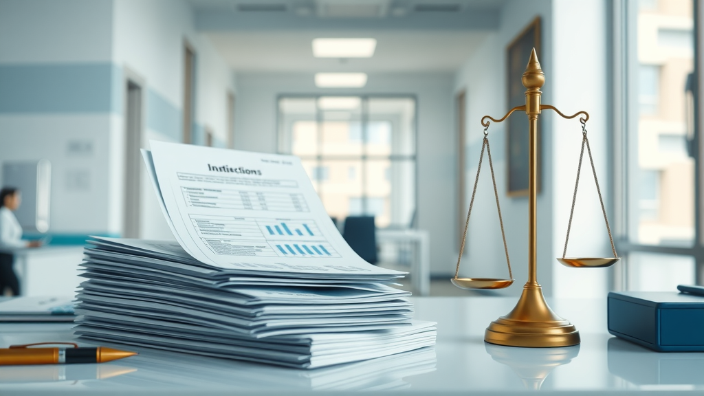 Infographic showing magnitude of US medical malpractice claim payouts featuring medical records, money, charts, and justice scale on office desk, photorealistic, no text, medical malpractice claims