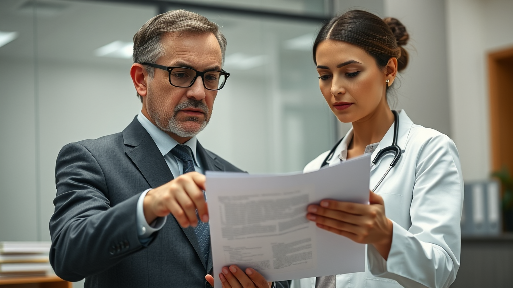 Concerned attorney and medical professional discussing patient charts over legal paperwork in a modern law office, Tacoma, medical malpractice claims