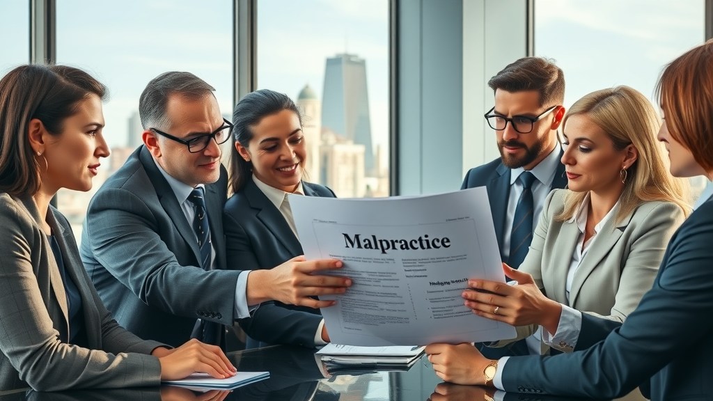 Diverse attorneys collaborating on malpractice claim file in Tacoma office with city skyline, medical malpractice claims