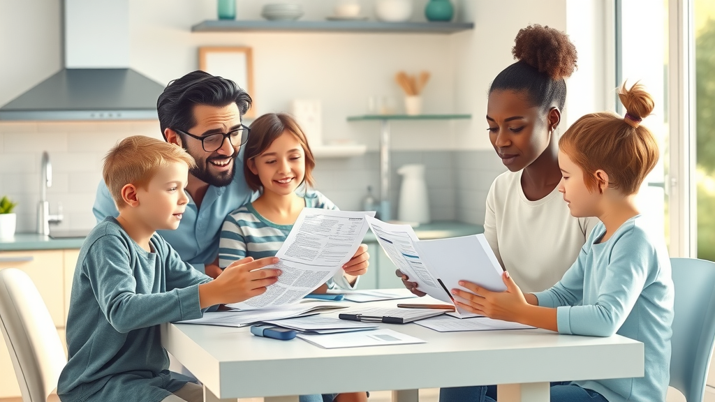 A diverse family reviewing medical bills together for medical expenses reimbursement in a sunlit, organized kitchen