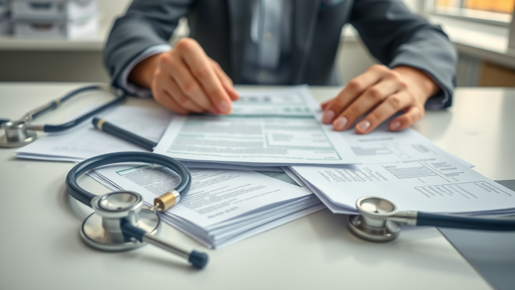 Organized medical receipts and insurance forms for medical expenses reimbursement on a neat desk