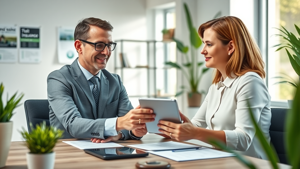 Insurance agent discusses health insurance plan options and healthcare cost coverage with client, modern office, natural light, digital tablet