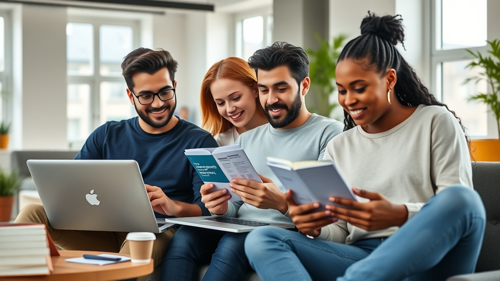 Multi-ethnic adults analyzing health insurance marketplace plans and private health insurance options on laptops and phones, coworking space, daylight