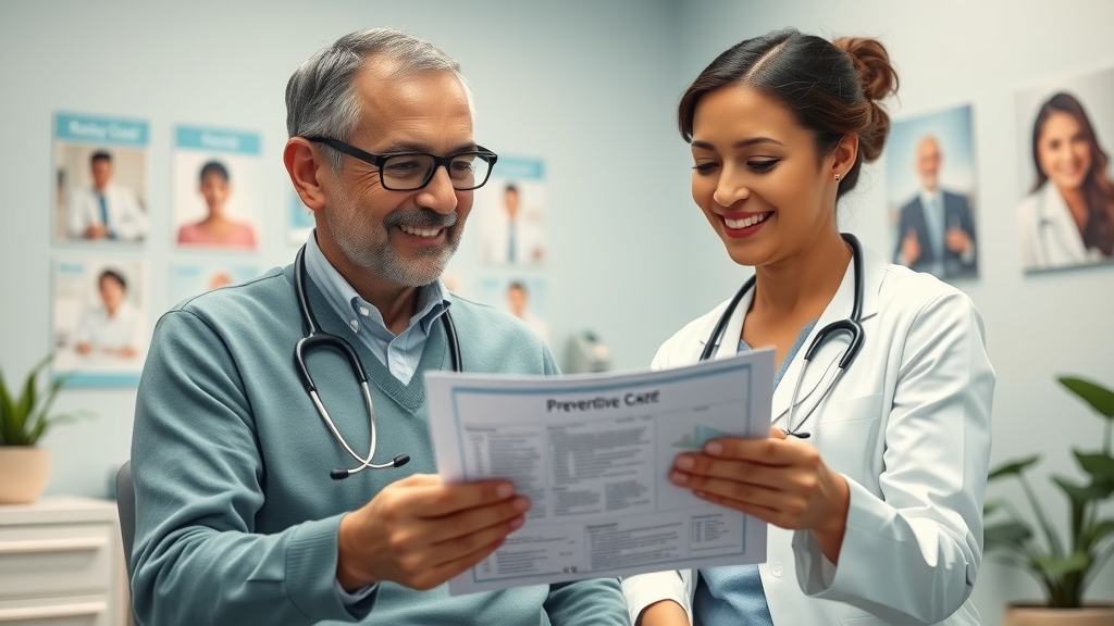 Primary care doctor consults with patient about preventive care and healthcare cost coverage, calming exam room, medical posters