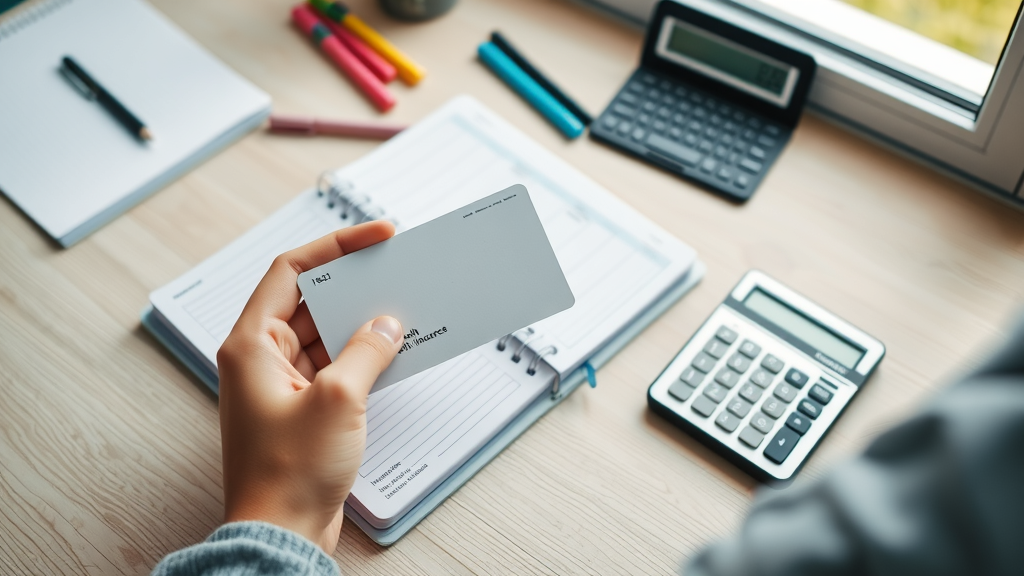 Organized planner, calculator, and health insurance card on wooden desk, maximizing healthcare cost coverage, bright workspace
