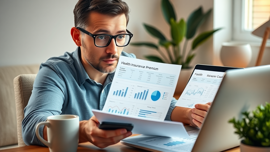 Adult reviews health insurance premium costs on laptop, compares monthly and annual healthcare cost coverage using spreadsheets, modern home office