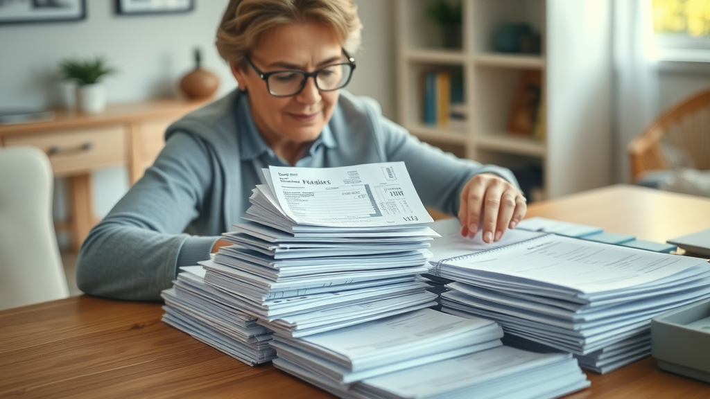 patient compiling medical expense reimbursement documents, organized receipts, photorealistic, Federal Way, WA