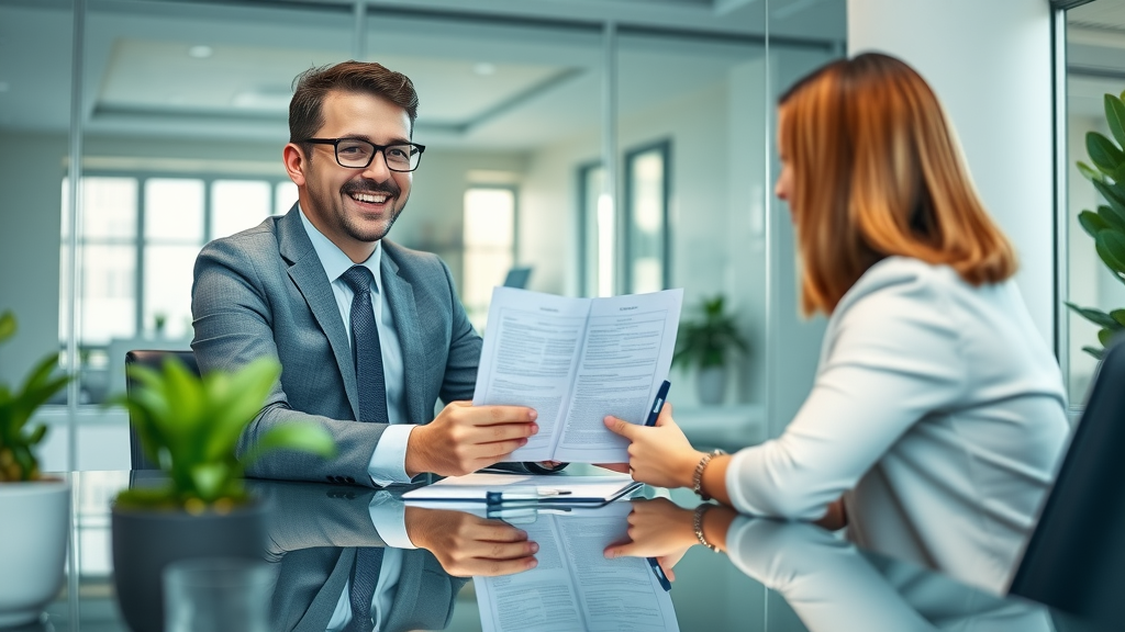 group health plan traditional insurance agent, client, policy documents, modern office, photorealistic, Federal Way, WA